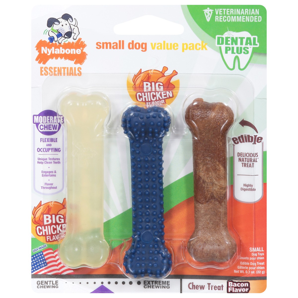 slide 1 of 9, Nylabone Essentials Value Pack Small Dog Big Chicken Flavor, Bacon Flavor Dog Toy Value Pack 0.7 oz, 0.7 oz