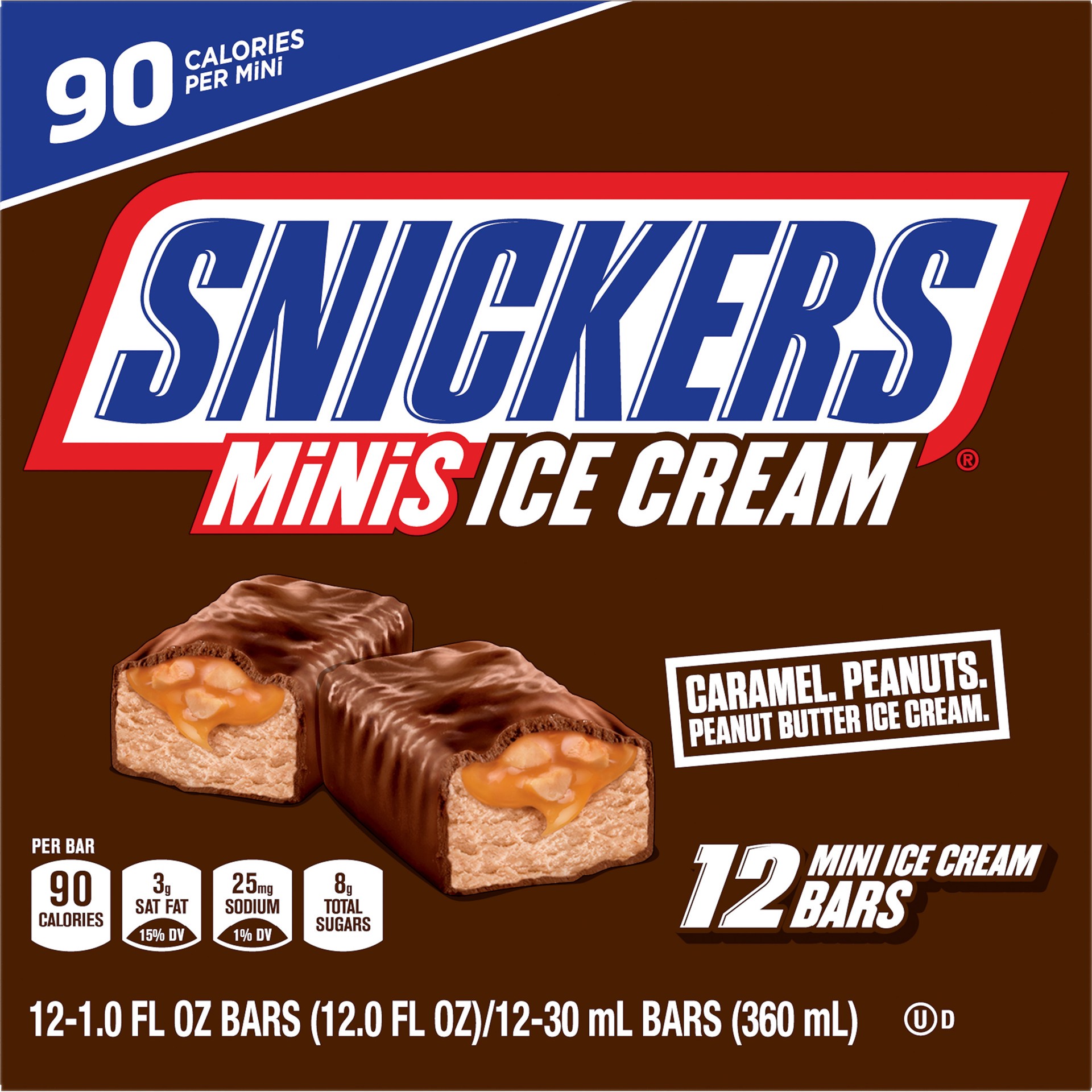 slide 1 of 4, SNICKERS Minis Ice Cream Bars 12-Count Box, 12 fl oz