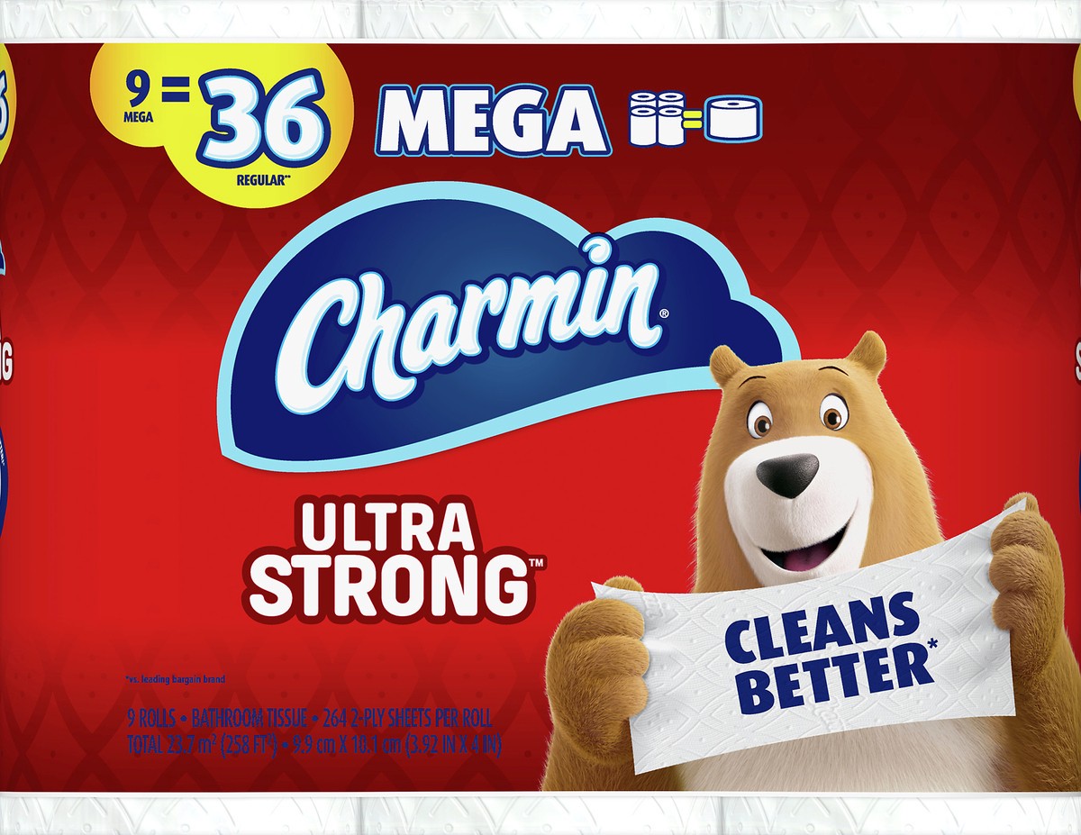 slide 4 of 6, Charmin Ultra Strong Bath Tissue Mega 9Ct, 280 sq ft