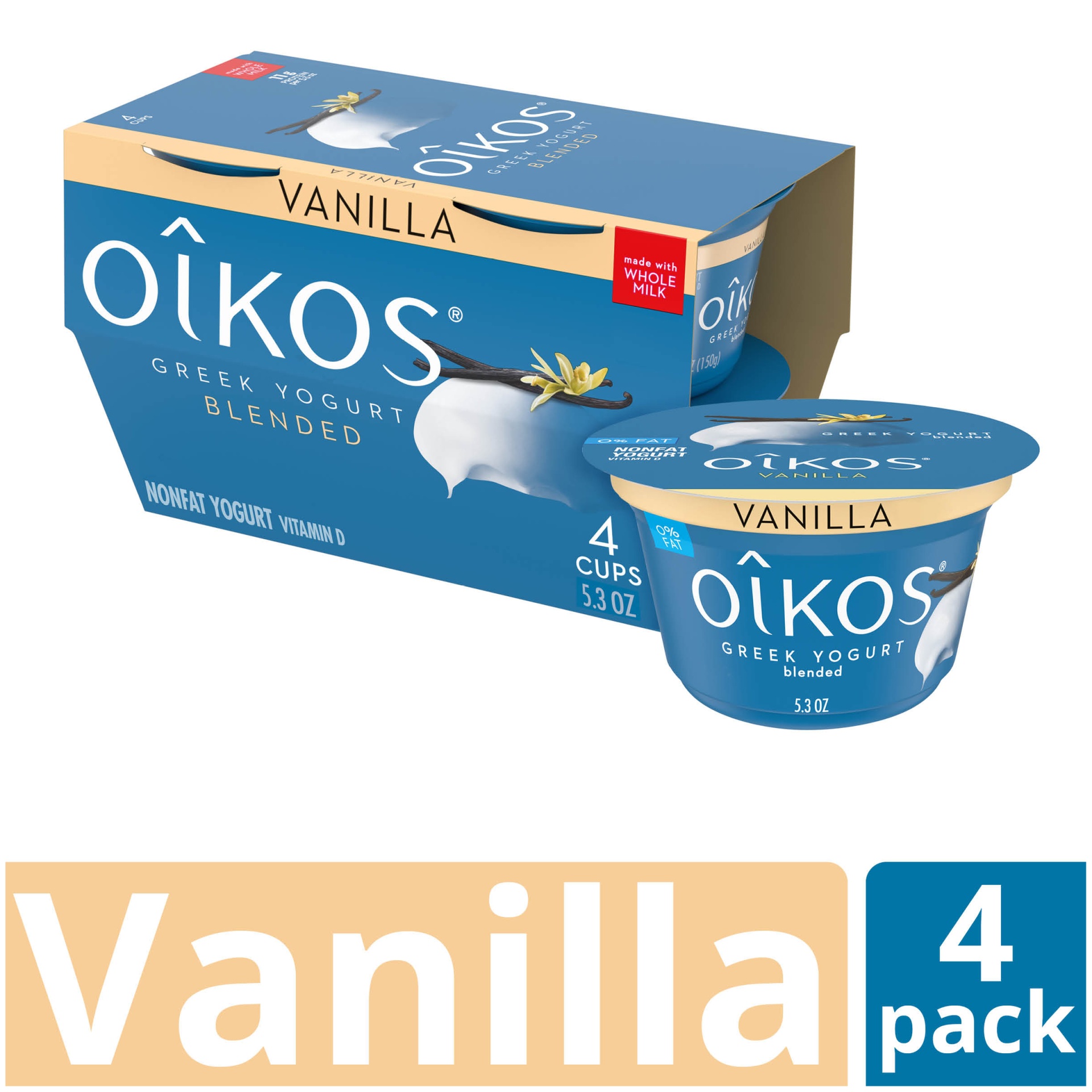 slide 1 of 1, Oikos Whole Milk Vanilla Greek Yogurt Cups, 4 ct; 5.3 oz