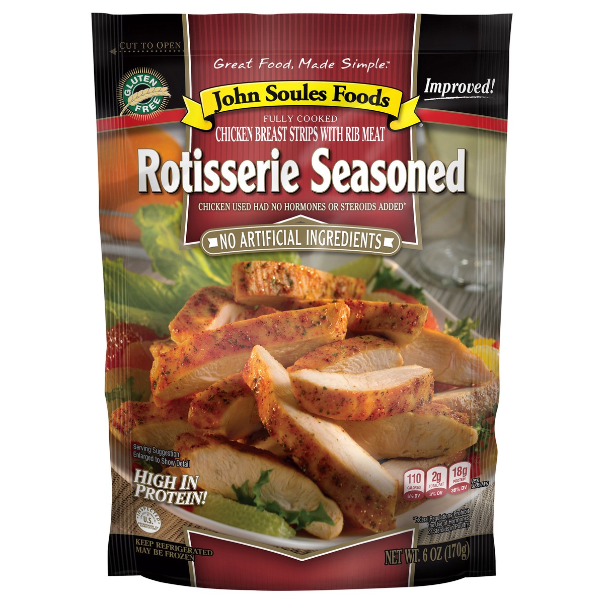 slide 1 of 7, John Soules Foods Rotisserie Seasoned Chicken​​ Breast Strips 6 OZ Bag, 6 oz