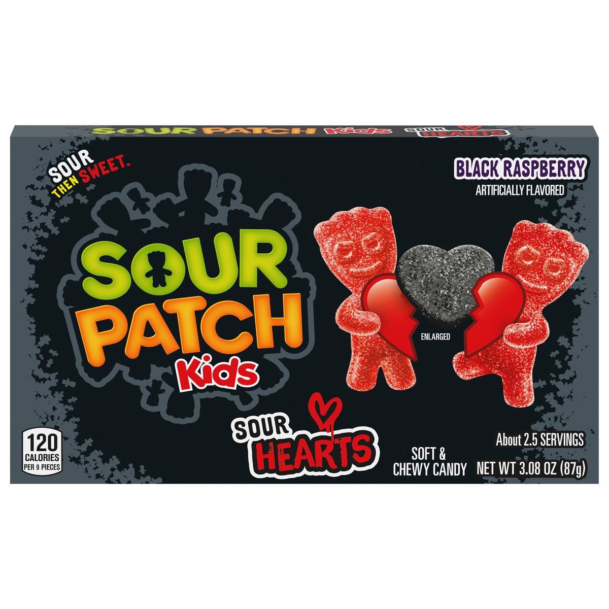 slide 1 of 14, SOUR PATCH KIDS Sour Hearts Black Raspberry Soft & Chewy Candy, Valentines Day Candy, 3.08 oz, 3.09 oz