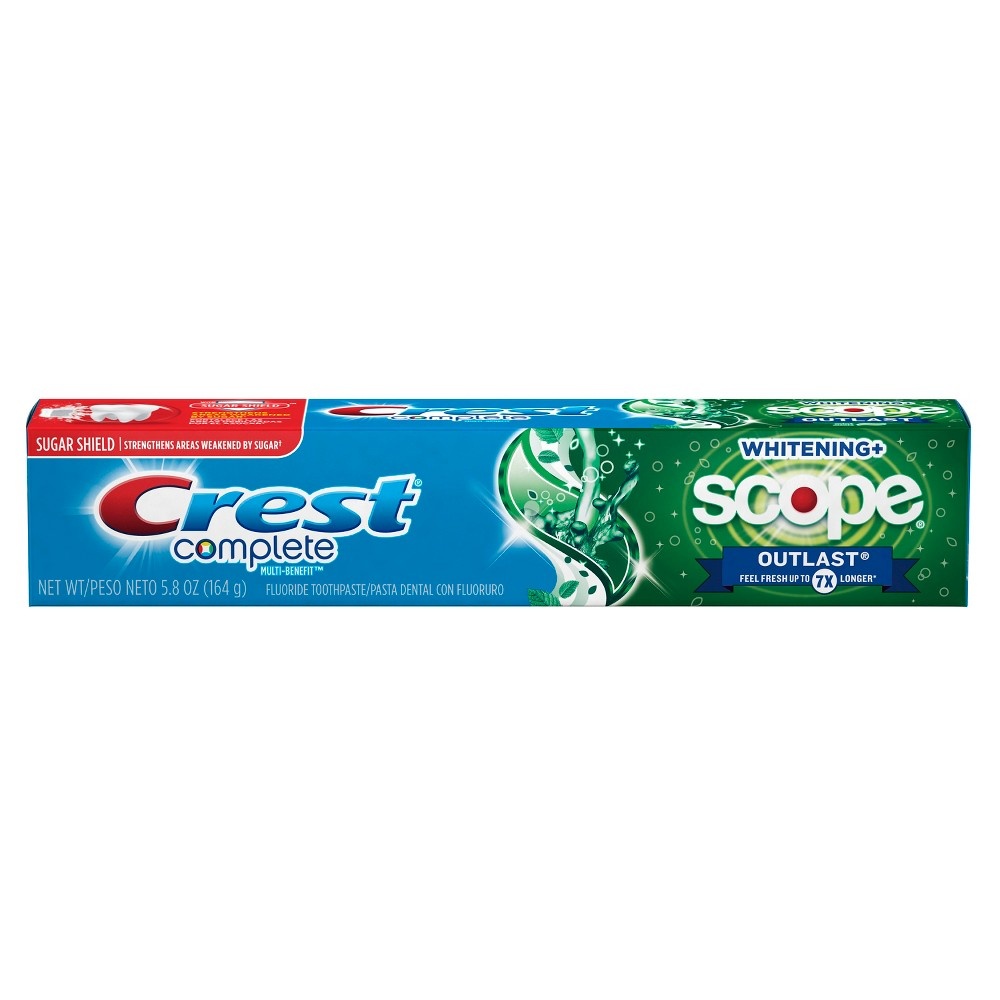 slide 4 of 9, Crest Fluoride Toothpaste Long Lasting Mint Scope Outlast + Whitening, 5.4 oz