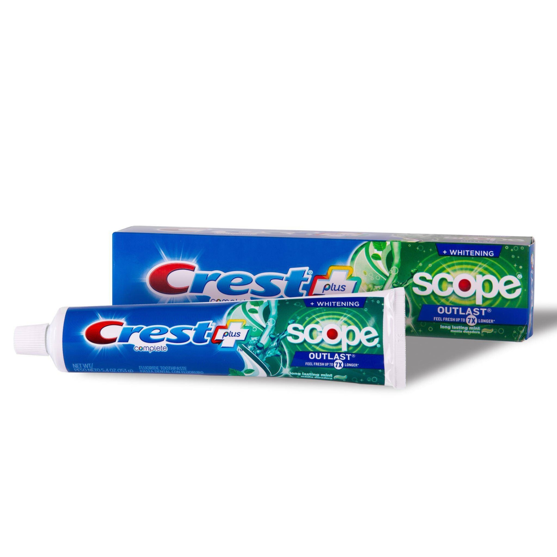 slide 1 of 9, Crest Fluoride Toothpaste Long Lasting Mint Scope Outlast + Whitening, 5.4 oz
