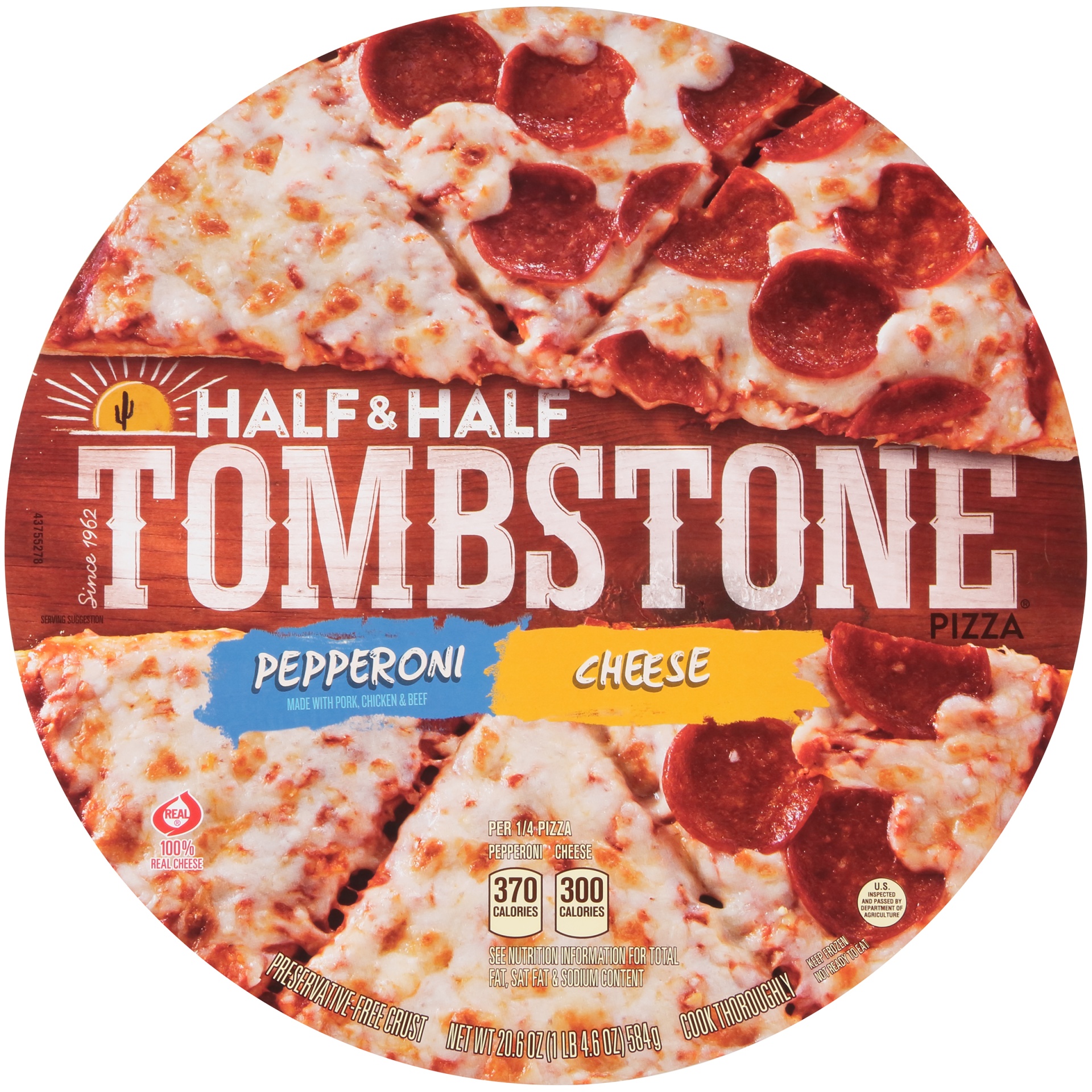 slide 1 of 7, TOMBSTONE Original Half & Half Pepperoni/Cheese Frozen Pizza Pack, 20.6 oz