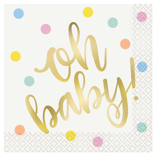 slide 1 of 1, Unique Industries Gold"Oh Baby" Baby Shower Cocktail Napkins, 5" x 5", 16 ct