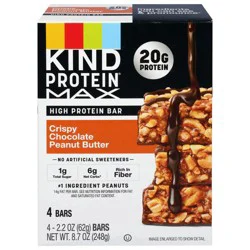 KIND Protein MAX Crispy Chocolate Peanut Butter Bars, 20g of Protein, 1g of Sugar Per Bar, Gluten Free Snacks, 4 Count Box