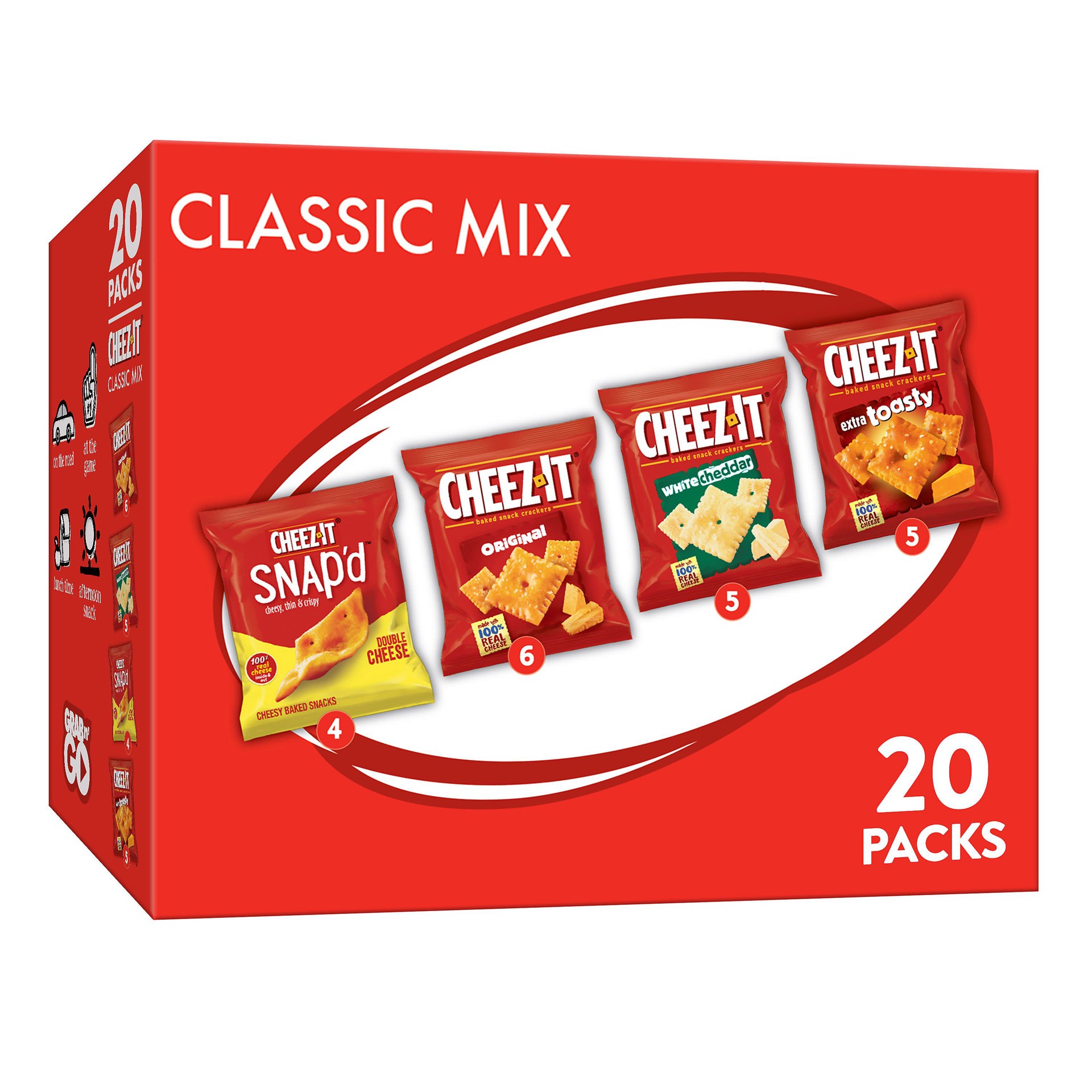 slide 1 of 5, Cheez-It Cheese Crackers, Baked Snack Crackers, Lunch Snacks, Grab n' Go, Variety Pack, 19.1oz Box, 20 Packs, 19.1 oz