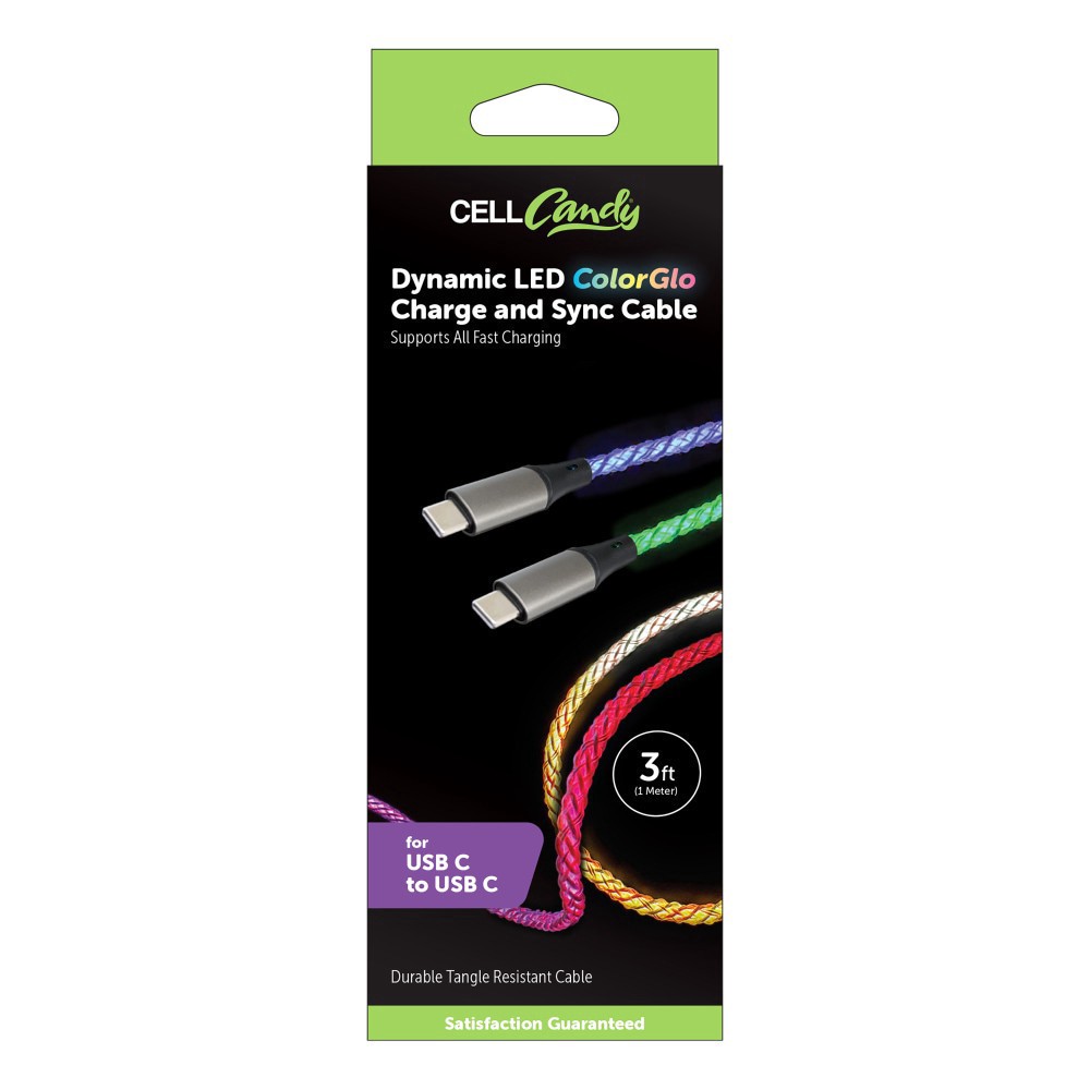 slide 1 of 1, CELLCandy Dynamic LED ColorGlo USB-C Charge & Sync Cable, 3 ft