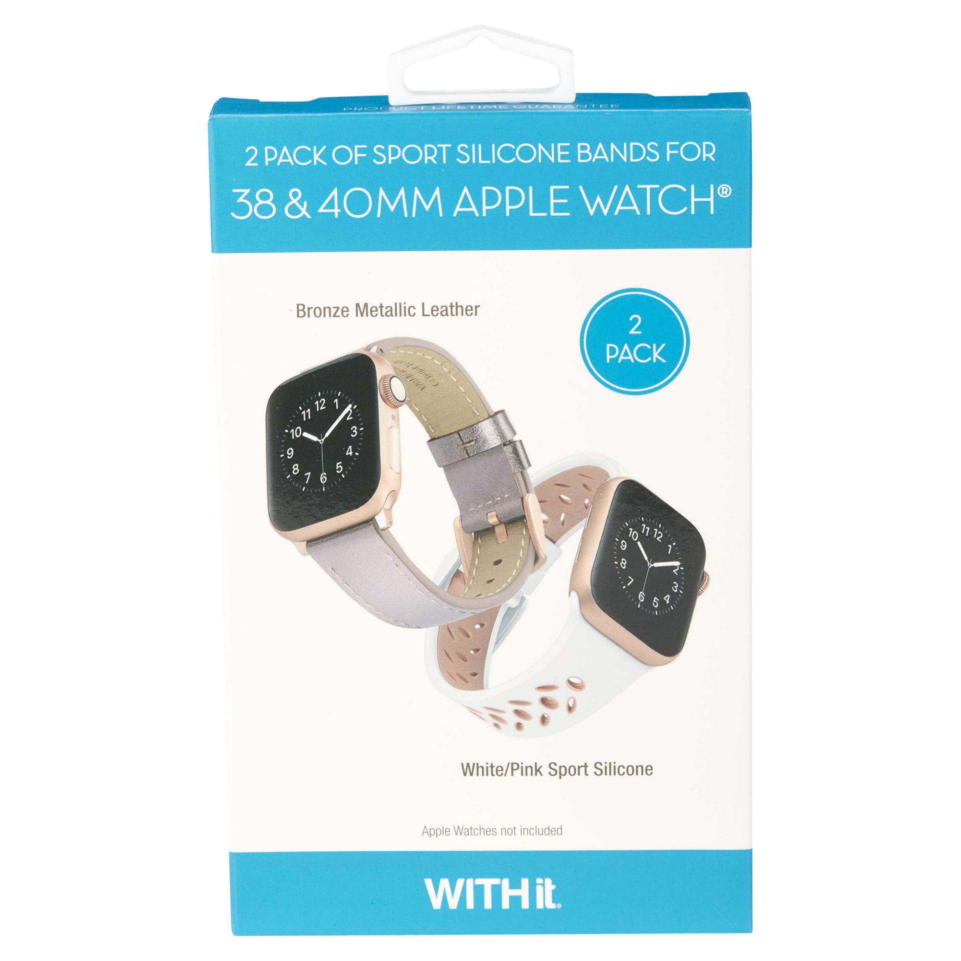 WITHit Designer Bands for 38/40/41mm Apple Watch - 2 Pack in Bronze Leather & Silicone Sport White/Pink