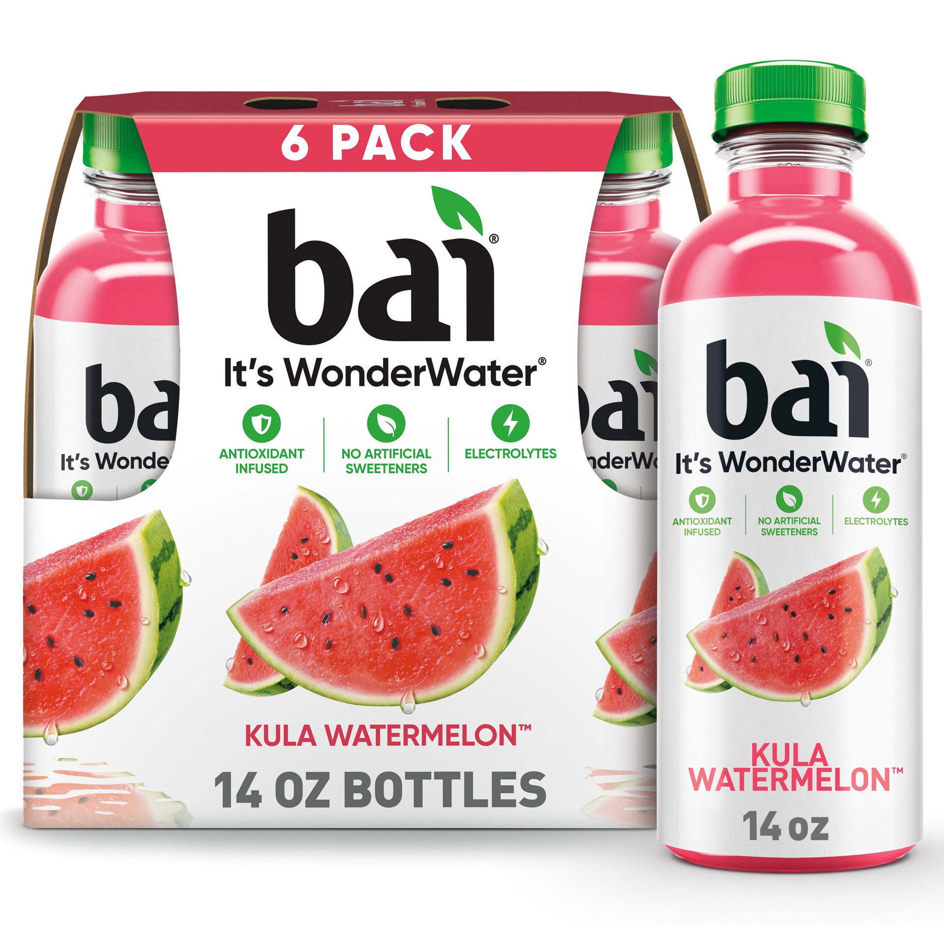 slide 1 of 1, Bai Antioxidant Infused Water Beverage, Kula Watermelon, 14 fl oz Bottles, 6 Pack, 6 ct