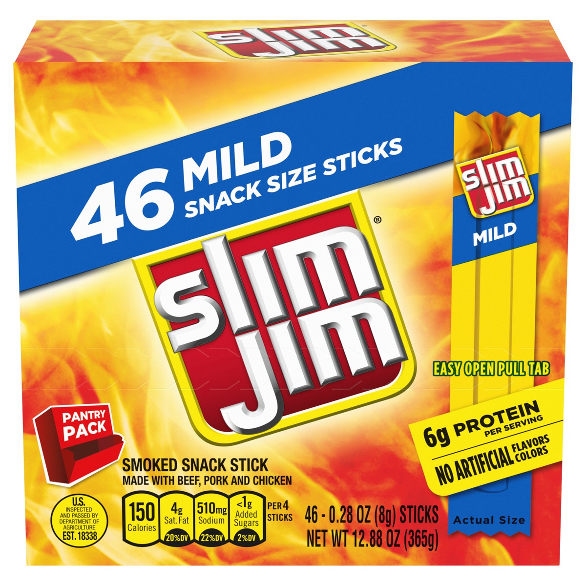 slide 1 of 5, Slim Jim Mild Flavor Snack-Sized Meat Stick Multipack, 6g Protein Per Serving, 0.28 oz. Meat Snacks, 46 Count Box, 46 ct