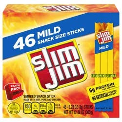 Slim Jim Mild Flavor Snack-Sized Meat Stick Multipack, 6g Protein Per Serving, 0.28 oz. Meat Snacks, 46 Count Box