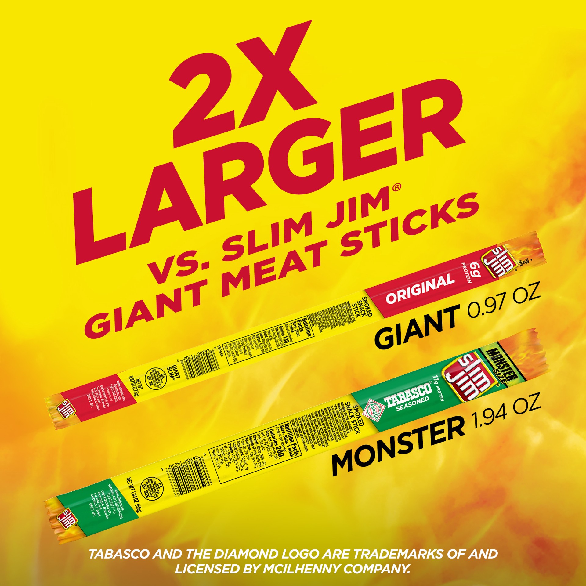 slide 4 of 5, Slim Jim Monster Size Tabasco Meat Stick, 1.94 OZ Meat Snacks, 1.94 oz