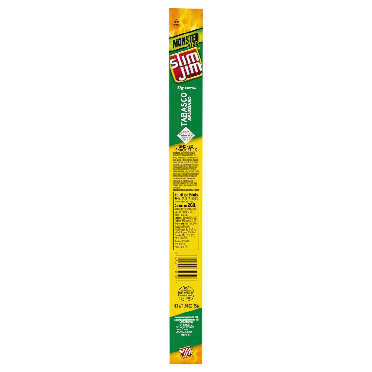 slide 1 of 5, Slim Jim Monster Size Tabasco Meat Stick, 1.94 OZ Meat Snacks, 1.94 oz