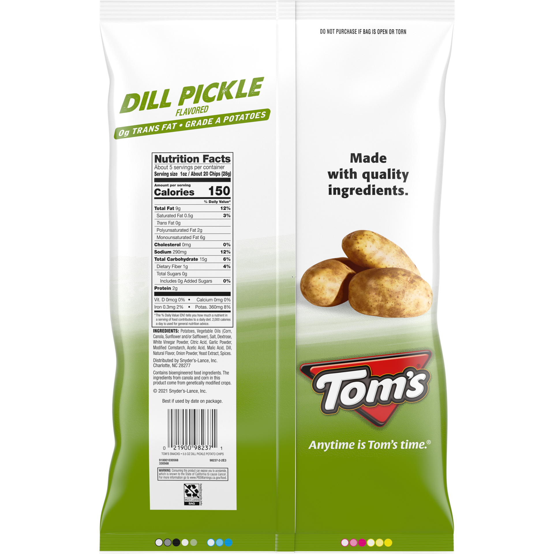 slide 5 of 5, Tom's Potato Chips, Dill Pickle Flavored, 5.5 Oz Bag, 5.5 oz