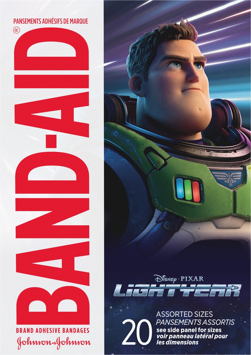 slide 8 of 8, BAND-AID Adhesive Bandages for Minor Cuts & Scrapes, Wound Care Featuring Disney/Pixar Lightyear Characters for Kids and Toddlers, Assorted Sizes 20 ct, 20 ct