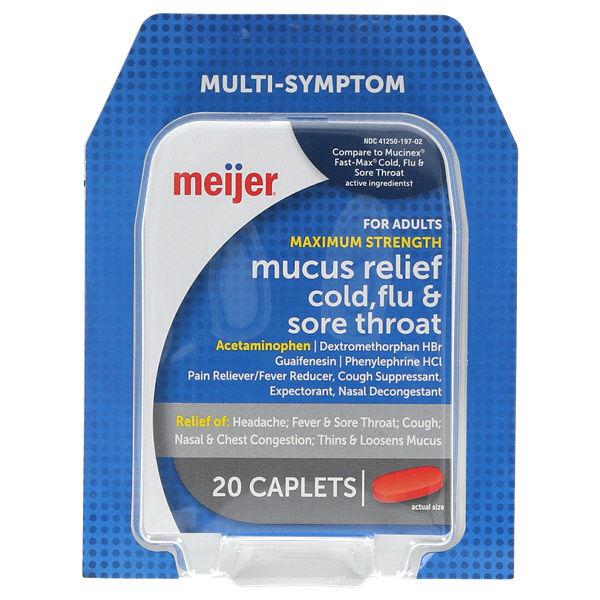 slide 1 of 1, Meijer Mucus Relief Cold Flu and Sore Throat Maximum Strength Caplets, 20 ct