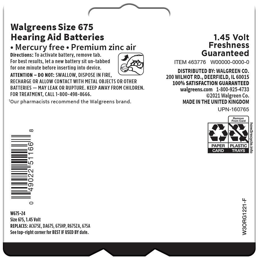 slide 2 of 2, Walgreens Hearing Aid Batteries, Zero Mercury #675, 24 ct