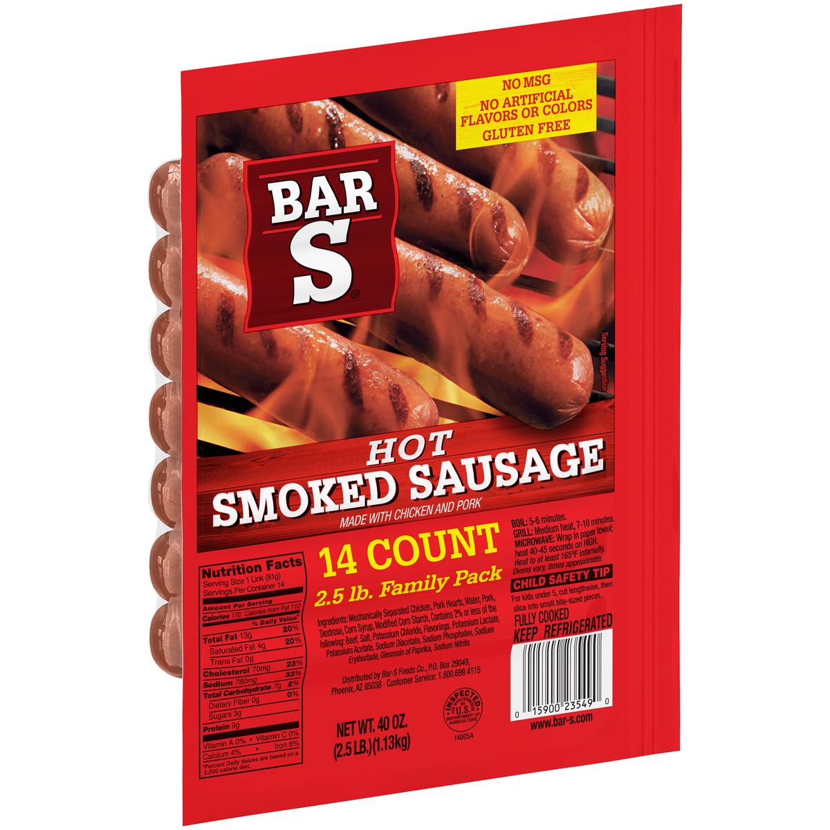 slide 2 of 9, Bar-S Hot Smoked Sausage 14 ct Pack, 40 oz