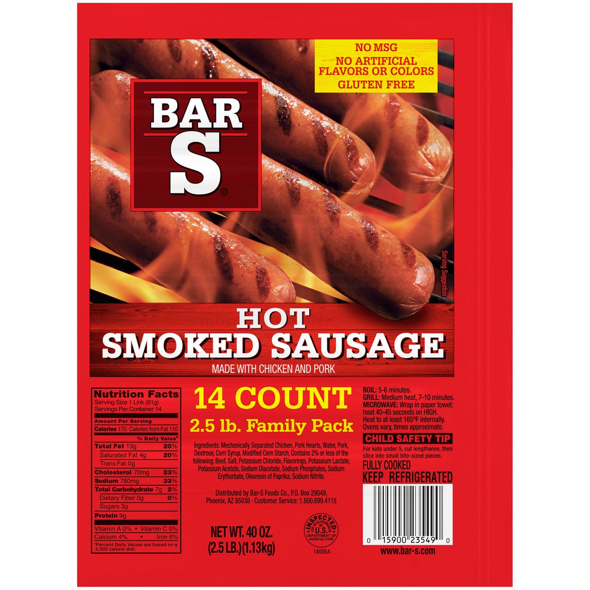 slide 9 of 9, Bar-S Hot Smoked Sausage 14 ct Pack, 40 oz