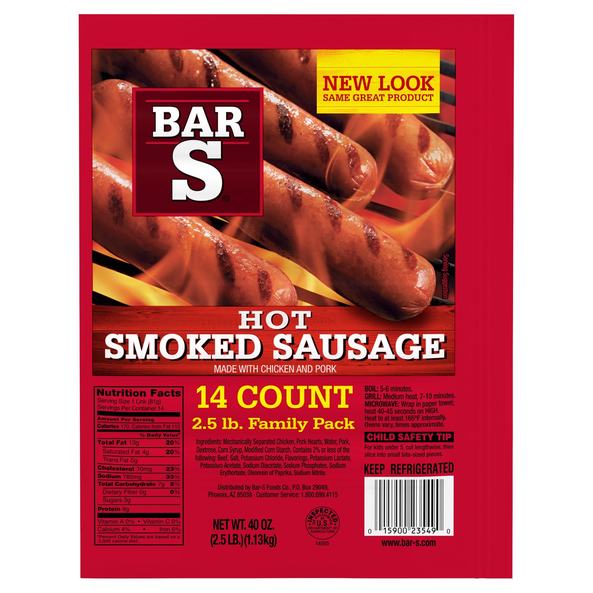 slide 1 of 9, Bar-S Hot Smoked Sausage 14 ct Pack, 40 oz