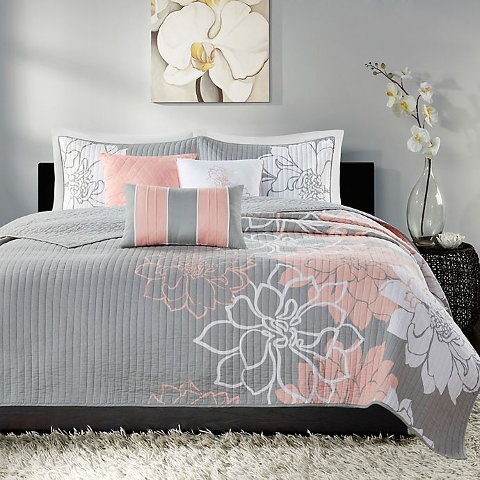 slide 1 of 12, Madison Park Lola Reversible Cotton Printed Full/Queen Coverlet Set - Grey/Blush, 6 ct