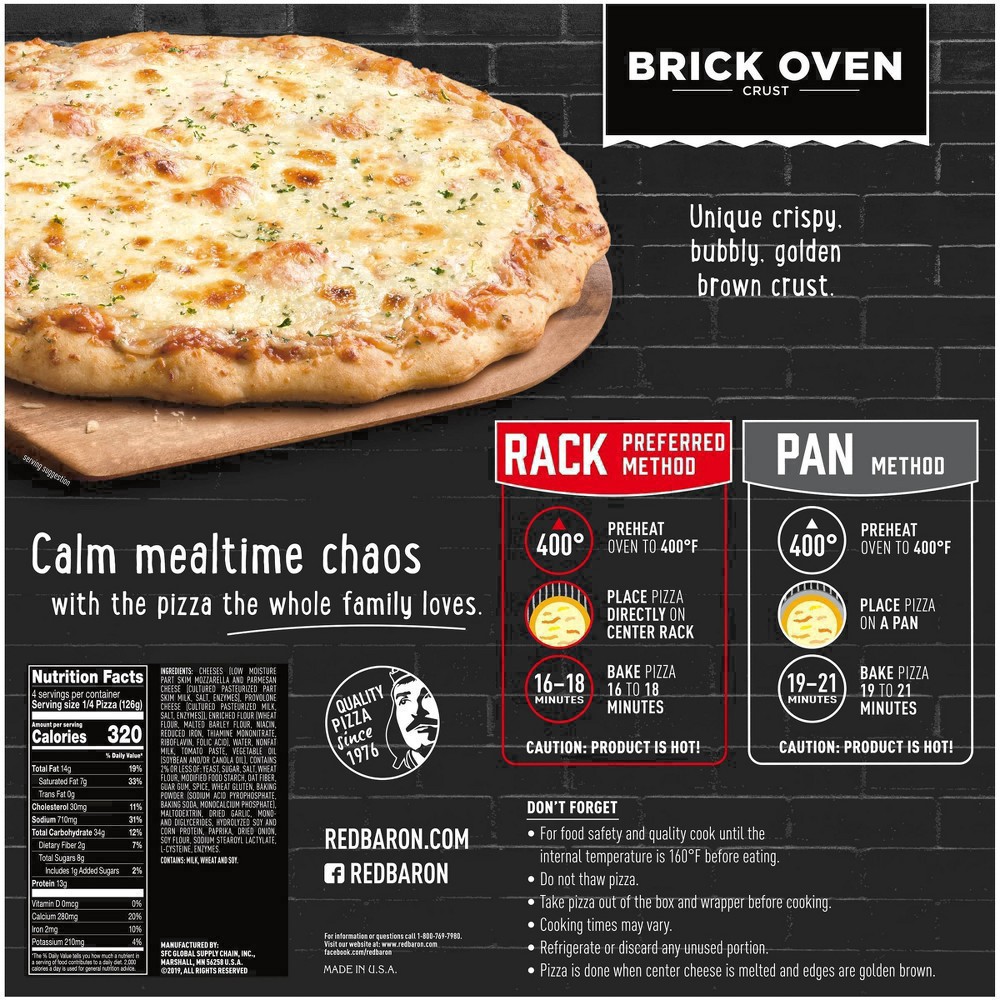 slide 22 of 66, Red Baron Brick Oven Crust Cheese-Trio Pizza 17.82 oz, 17.82 oz