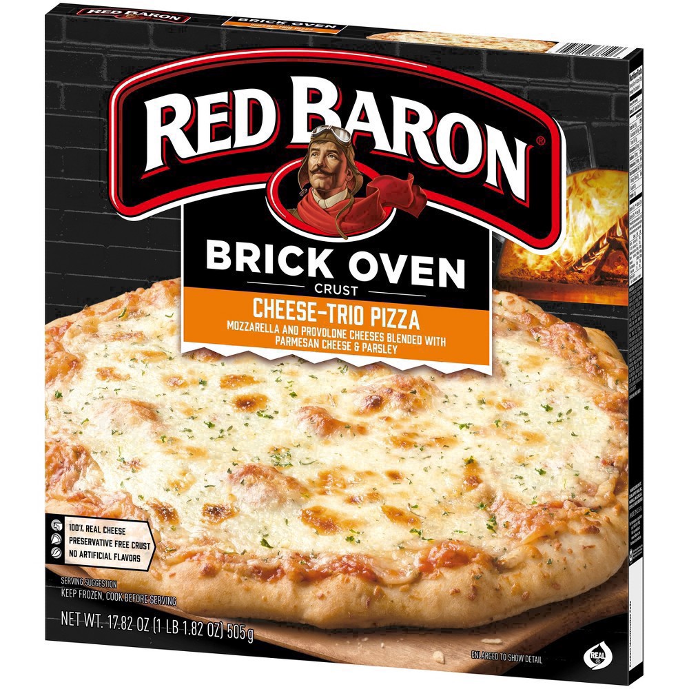 slide 23 of 66, Red Baron Brick Oven Crust Cheese-Trio Pizza 17.82 oz, 17.82 oz