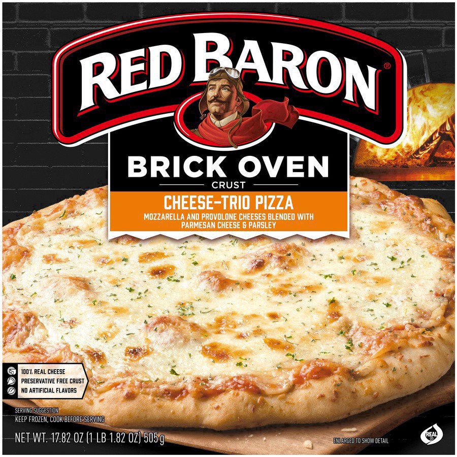 slide 24 of 66, Red Baron Brick Oven Crust Cheese-Trio Pizza 17.82 oz, 17.82 oz