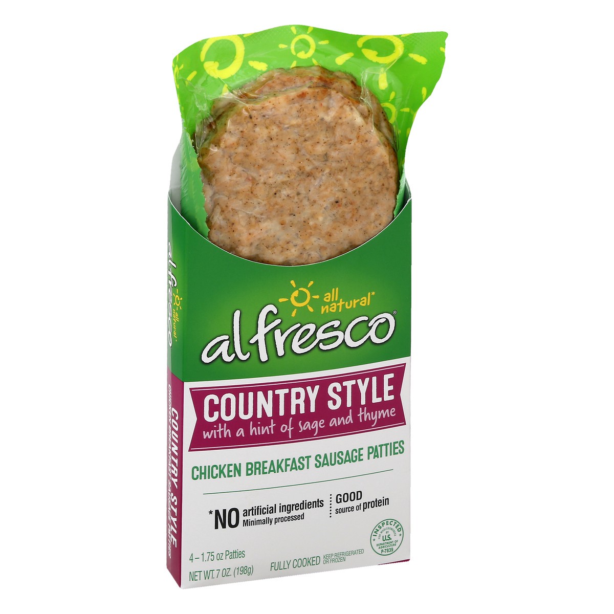 slide 3 of 9, Al Fresco Country Style Chicken Breakfast Sausage Patties, 7 oz, 4 ct