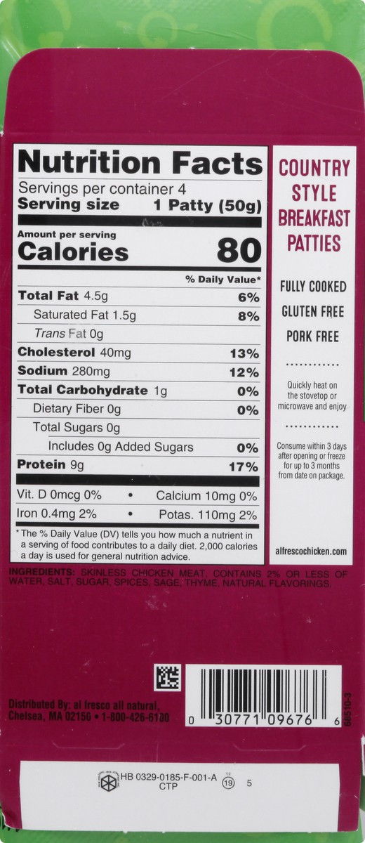slide 8 of 9, Al Fresco Country Style Chicken Breakfast Sausage Patties, 7 oz, 4 ct