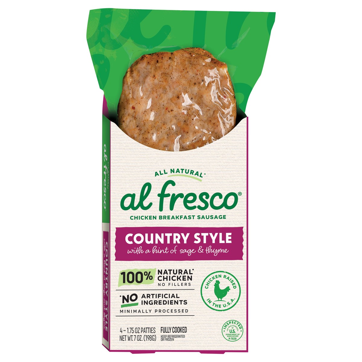 slide 1 of 9, Al Fresco Country Style Chicken Breakfast Sausage Patties, 7 oz, 4 ct