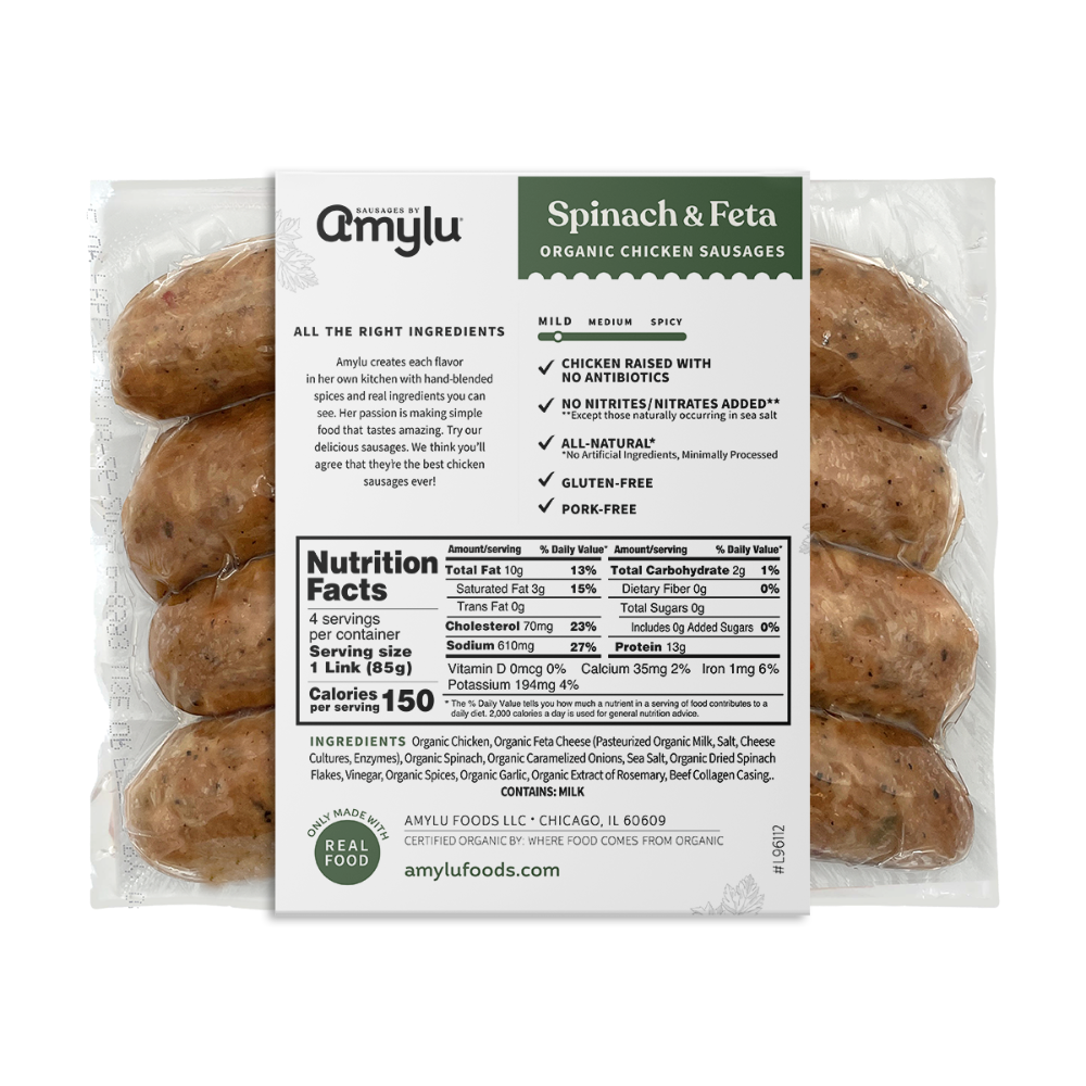 slide 2 of 2, Amylu Foods Organic Spinach & Feta Chicken Sausages, 12 oz