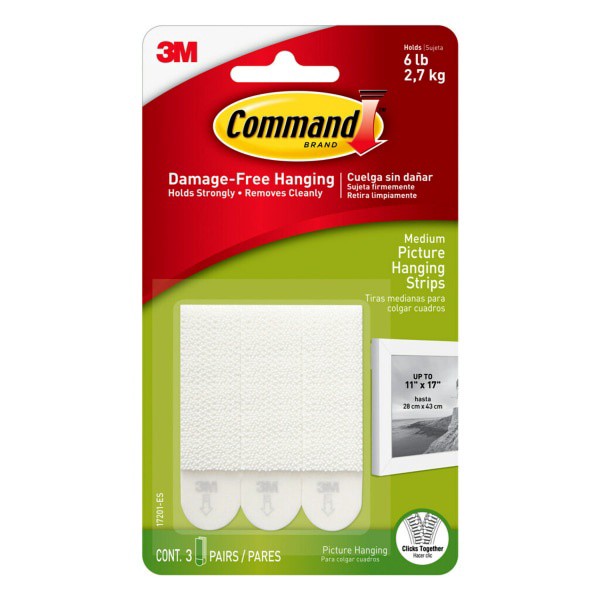 slide 1 of 10, 3M Command Damage-Free Picture-Hanging Strips, Medium, 2-3/4'' X 3/4'', White, Pack Of 3 Pairs Of Strips, 3 ct
