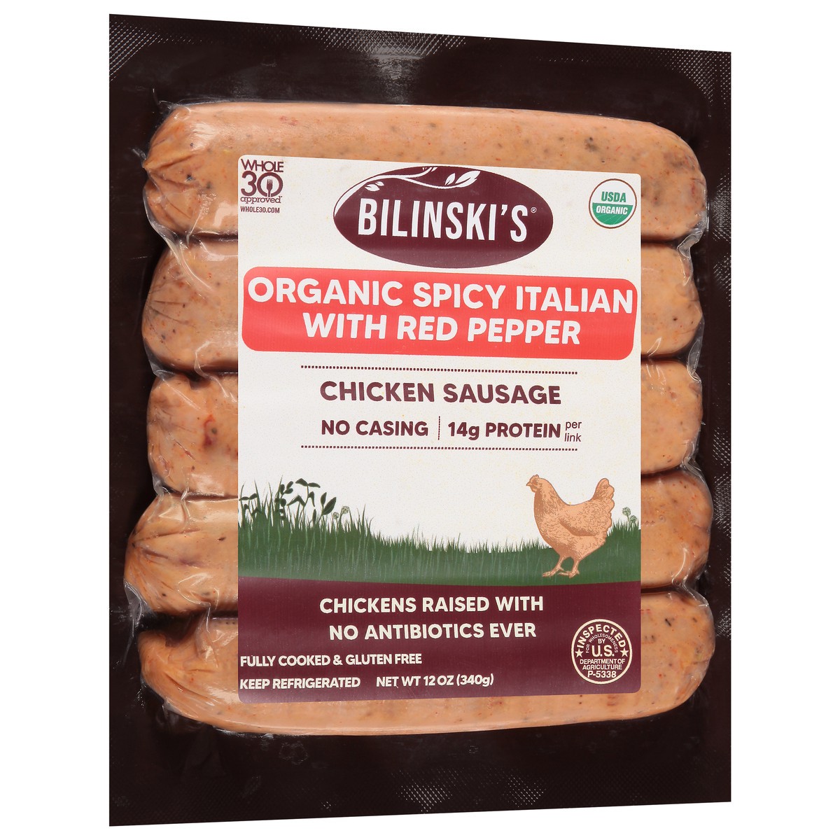 slide 2 of 9, Bilinski's Organic Spicy Italian with Red Pepper Chicken Sausage 12 oz, 12 oz