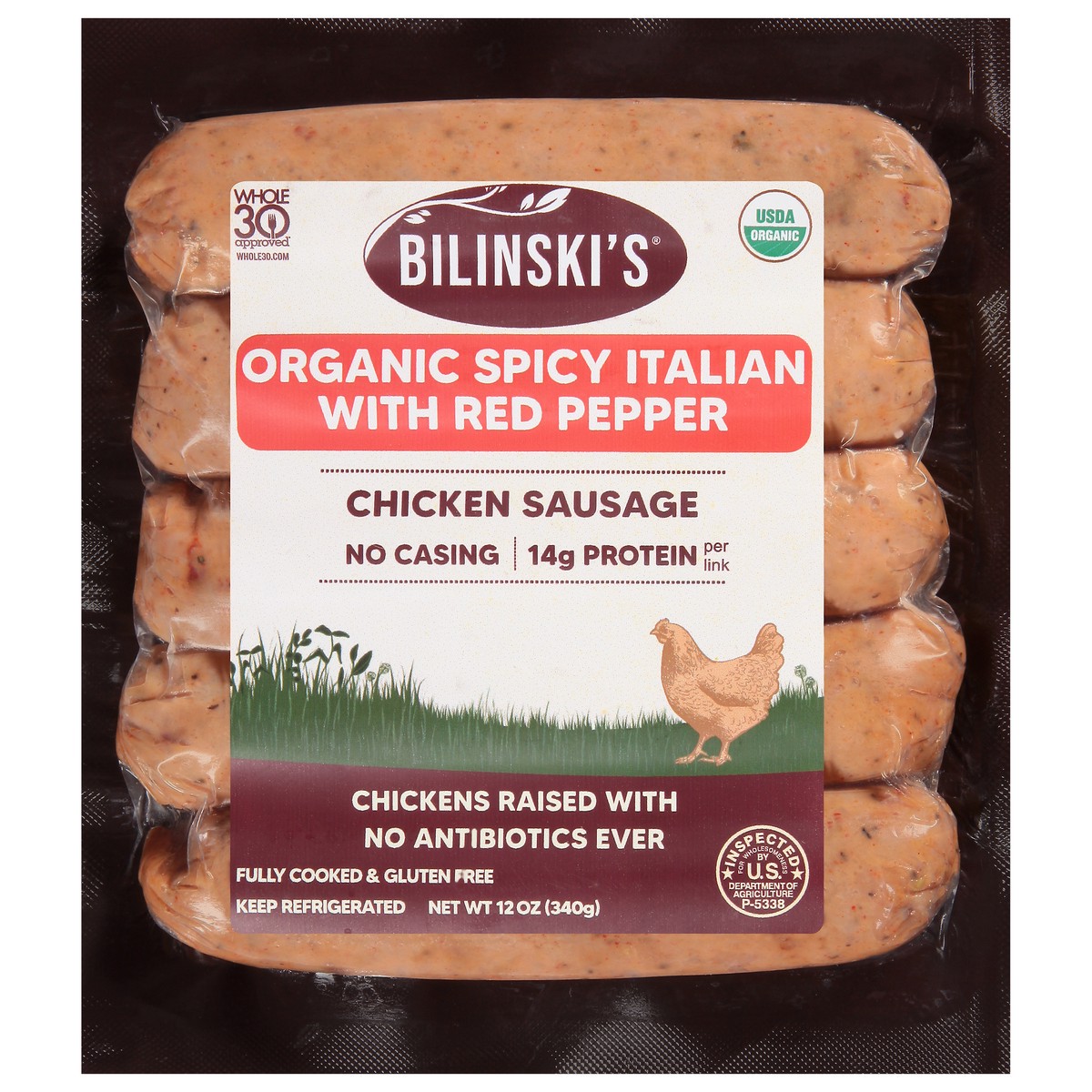 slide 1 of 9, Bilinski's Organic Spicy Italian with Red Pepper Chicken Sausage 12 oz, 12 oz