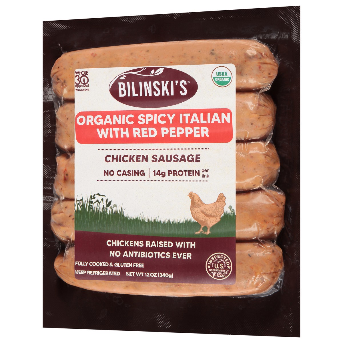 slide 3 of 9, Bilinski's Organic Spicy Italian with Red Pepper Chicken Sausage 12 oz, 12 oz