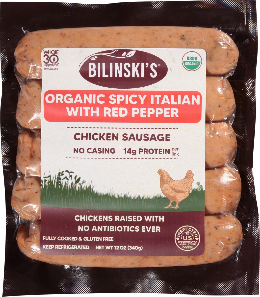 slide 6 of 9, Bilinski's Organic Spicy Italian with Red Pepper Chicken Sausage 12 oz, 12 oz