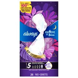 Always Radiant with FlexFoam Pads, Size 5, Extra Heavy Overnight Absorbency, with Wings, Lightly Scented, 26 CT