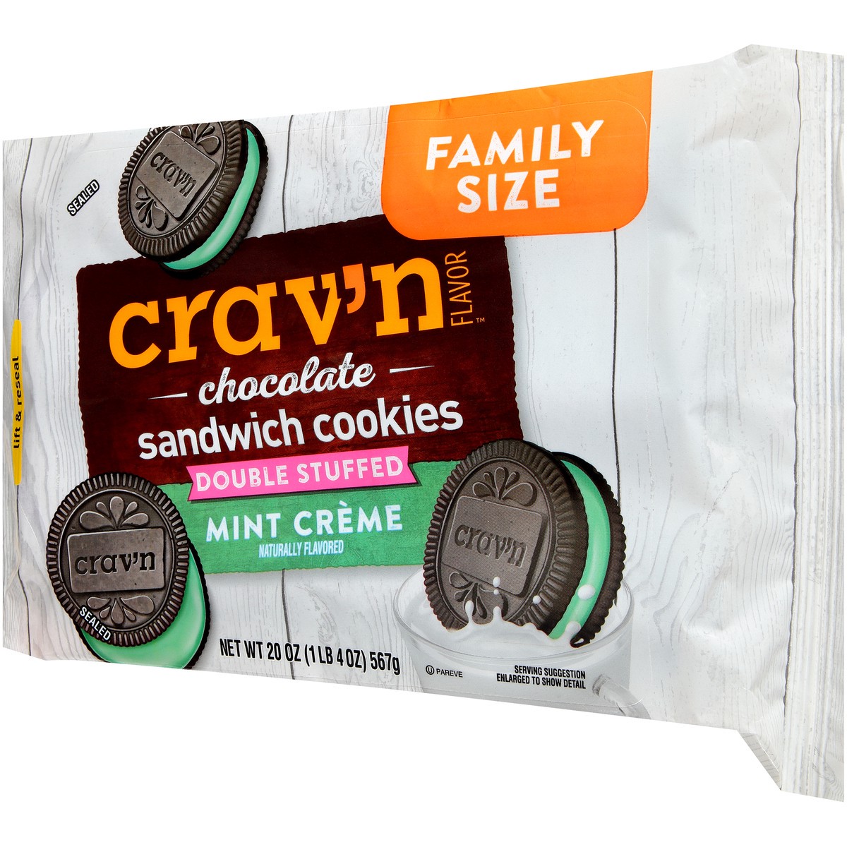 slide 4 of 14, Crav'n Flavor Double Stuffed Chocolate Mint Creme Sandwich Cookies Family Size 20 oz, 20 oz