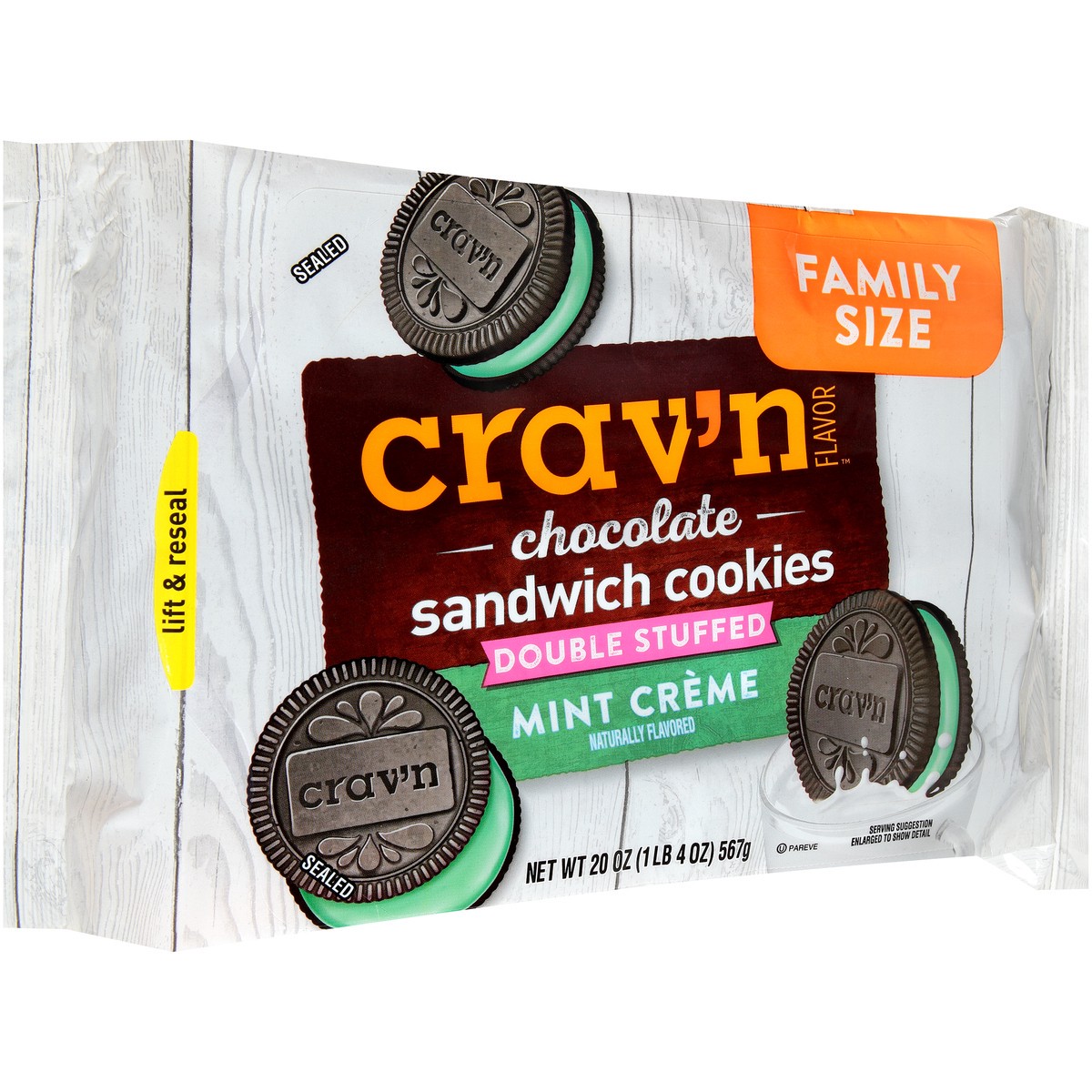 slide 3 of 14, Crav'n Flavor Double Stuffed Chocolate Mint Creme Sandwich Cookies Family Size 20 oz, 20 oz