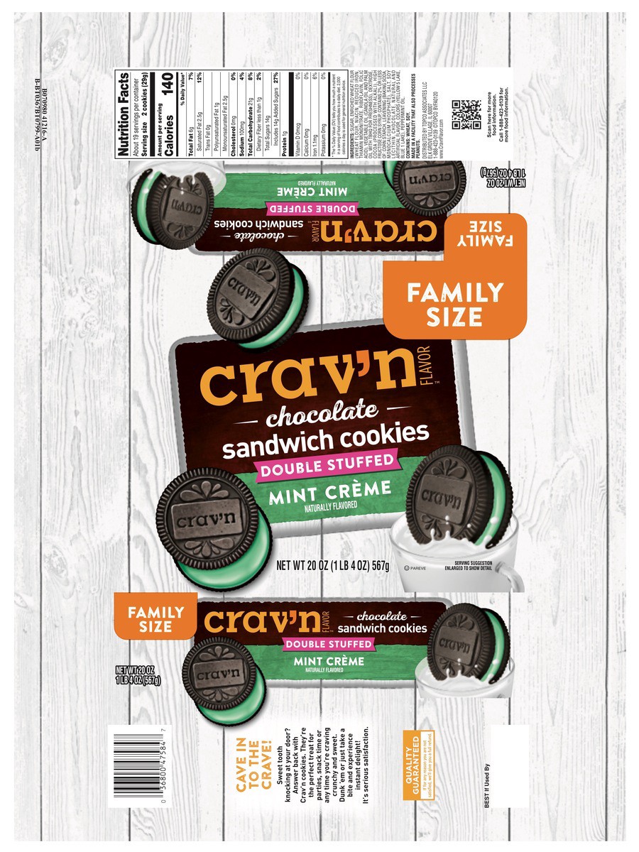 slide 6 of 14, Crav'n Flavor Double Stuffed Chocolate Mint Creme Sandwich Cookies Family Size 20 oz, 20 oz