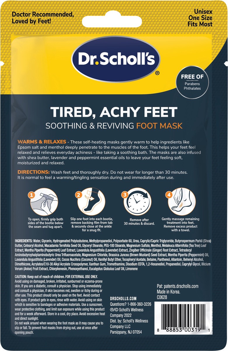 slide 5 of 7, Dr. Scholl's Tired, Achy Feet Soothing & Reviving Foot Mask, Warming Booties, Shea Butter Intensely Moisturizes, Epsom Salt & Menthol for Sore Feet, Relieves Sore Muscles, 1 ct