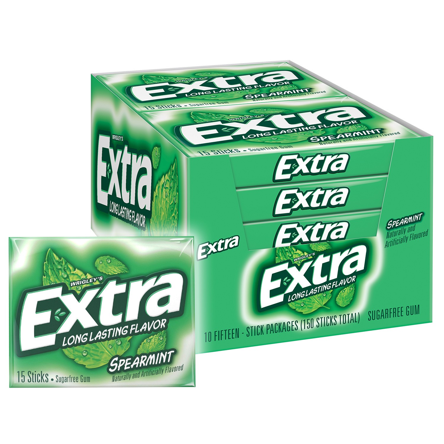 slide 1 of 4, EXTRA Gum Spearmint Chewing Gum, 15 Pieces (Pack of 10), 150 pc