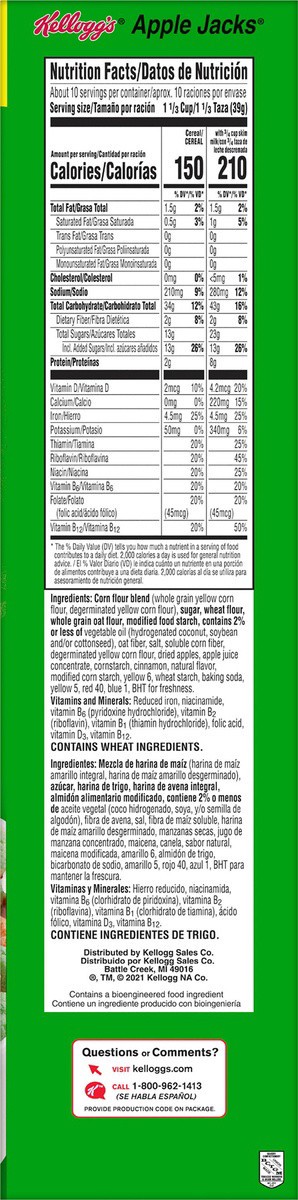 slide 7 of 8, Apple Jacks Kellogg's Apple Jacks Breakfast Cereal, 8 Vitamins and Minerals, Kids Snacks, Large Size, Original, (1 Box) - 14.7 oz, 14.7 oz