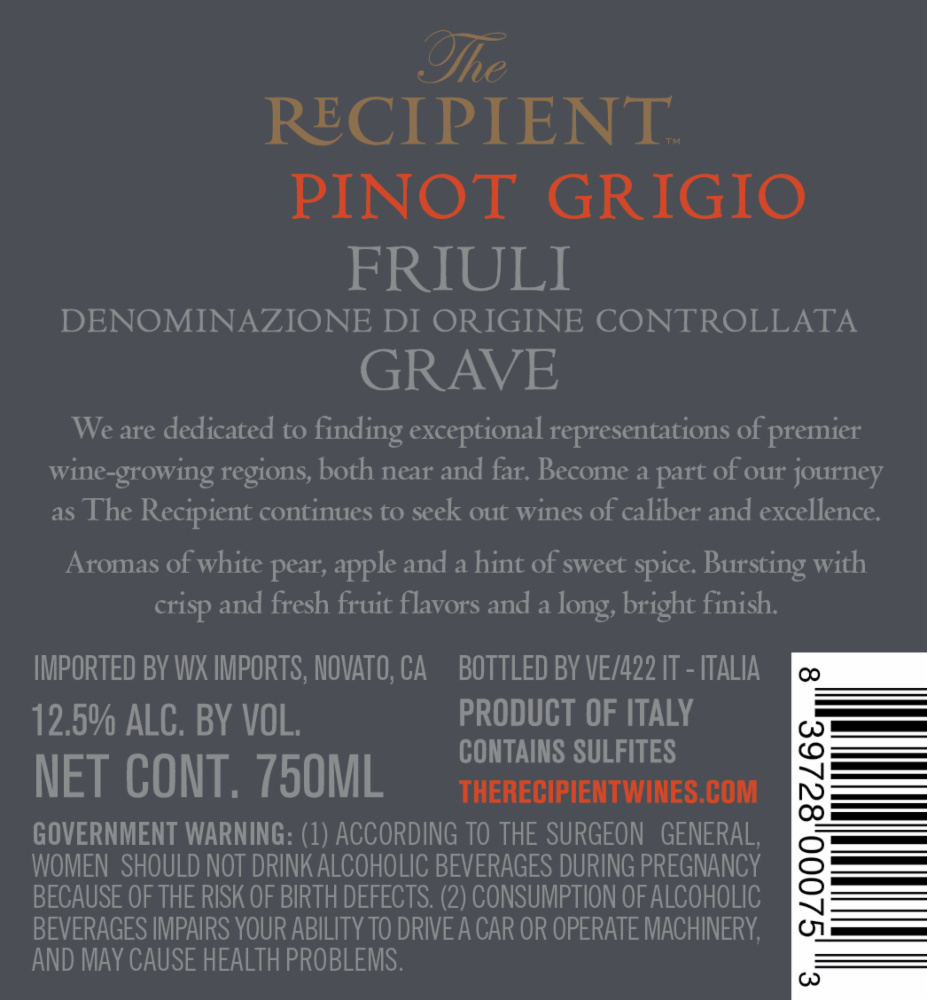 slide 2 of 2, The Recipient Pinot Grigio, 750 ml