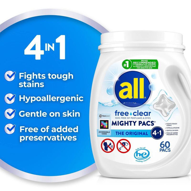 slide 3 of 9, All Unscented Mighty Pacs Free Clear HE Laundry Detergent Pods 60 Pacs - 39.5oz, 60 ct, 39.5 oz