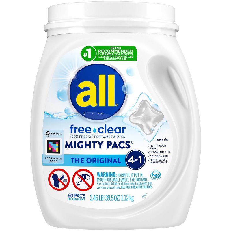 slide 1 of 9, All Unscented Mighty Pacs Free Clear HE Laundry Detergent Pods 60 Pacs - 39.5oz, 60 ct, 39.5 oz