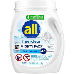All Unscented Mighty Pacs Free Clear HE Laundry Detergent Pods 60 Pacs - 39.5oz